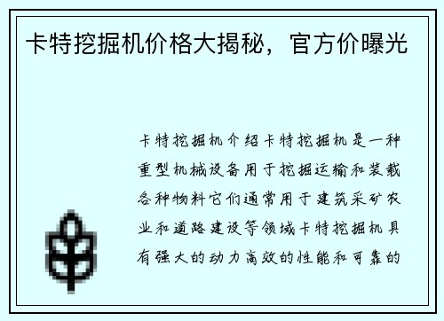 卡特挖掘机价格大揭秘，官方价曝光